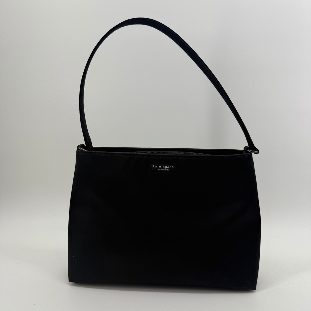 Kate Spade New York Black Nylon Shoulder Bag Purse Zip Top Silver Feet Vtg Y2K